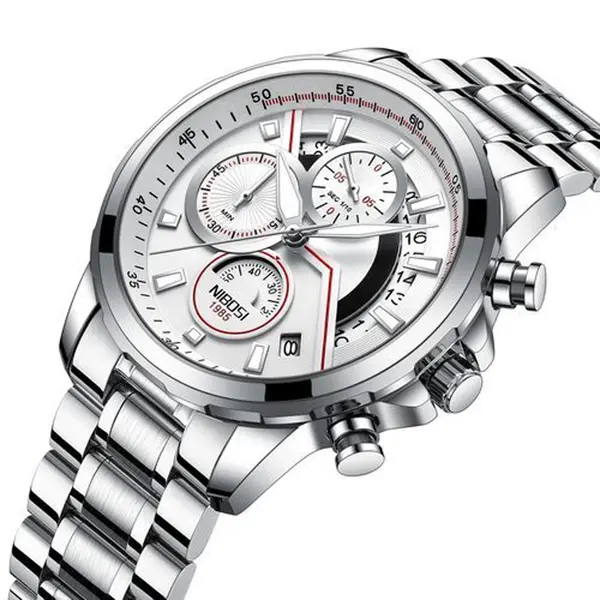 Nibosi 2576 High Quality Stainless Steel Luminous Men's Watch – Dial Color: White, Strap Color: White – View 2